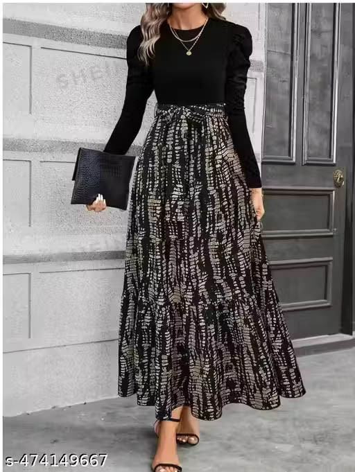 Clasi Women's Autumn Dress With Bow Tie Belt, Leaf & Floral Patchwork A-Line Skirt Maxi Women Outfit