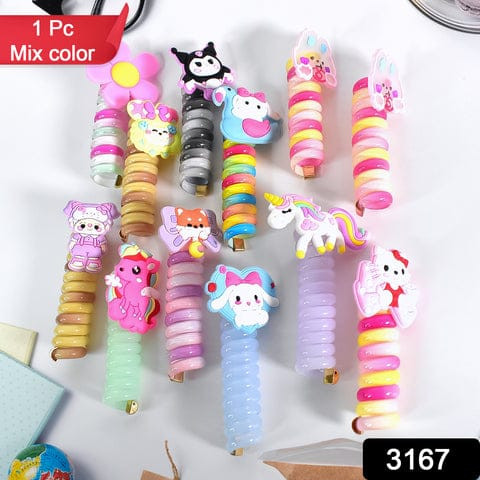 Colourful Telephone Wire Hairbands for Kids, Cute Cartoon Phone Cord Spiral Hair Ties, Full Stretchy Rubber Band for Cute Babies Hair Styling (1 pc / Mix Design)